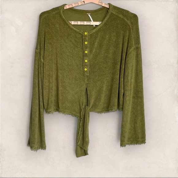 Free People Green Emma’s Henley Top Sz L Tie Waist Raw Hem LS Fairy Boho EUC - Picture 5 of 14
